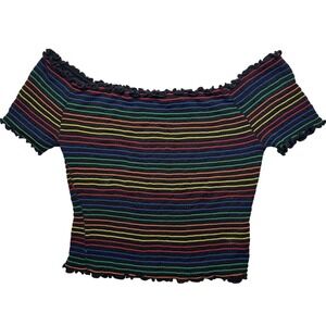Womens Crop Top Smocked Off Shoulder Rainbow Striped Short Sleeve Shirt Pride